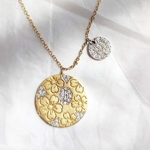 Meira T 14K brushed gold necklace with flower & diamond charms